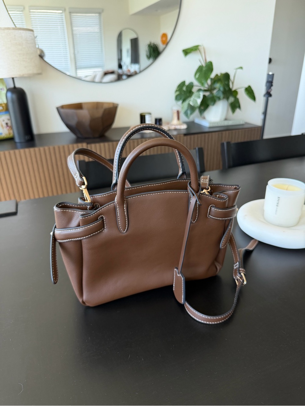 H&M Brown Leather Satchel with Top Handles and Strap
